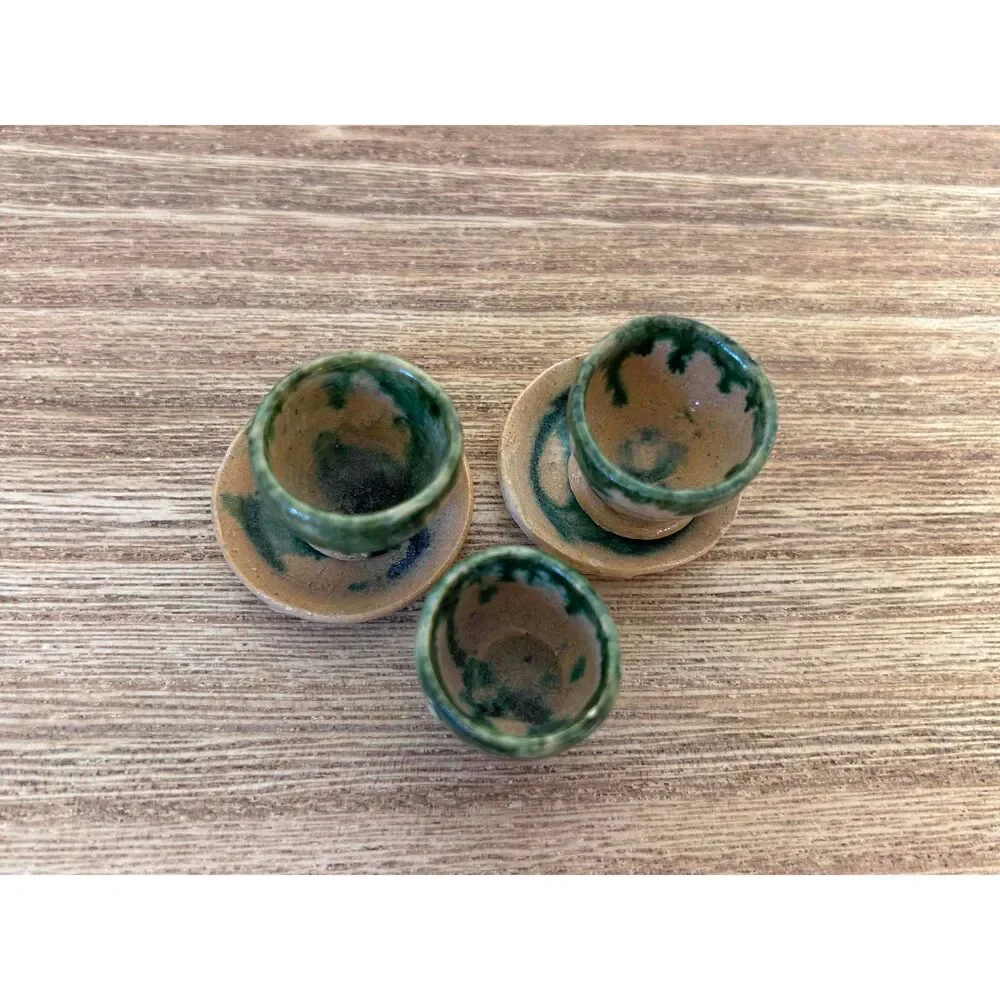 Majolica Pottery Miniature‎ Dollhouse Tea Set 9 Pieces Green Beige Rustic